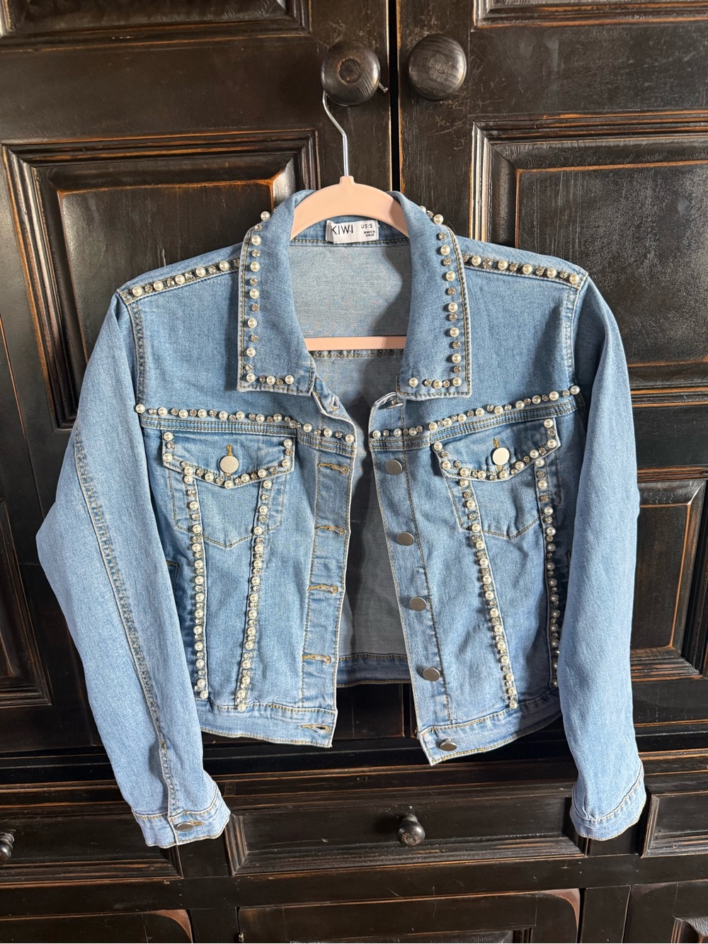 KIWI Light Blue Denim Jacket with Pearl Trim